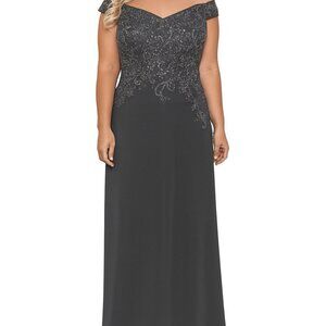 BETSY & ADAM Size 14W Gray Embellished Off The Shoulder Maxi Gown Cocktail Dress